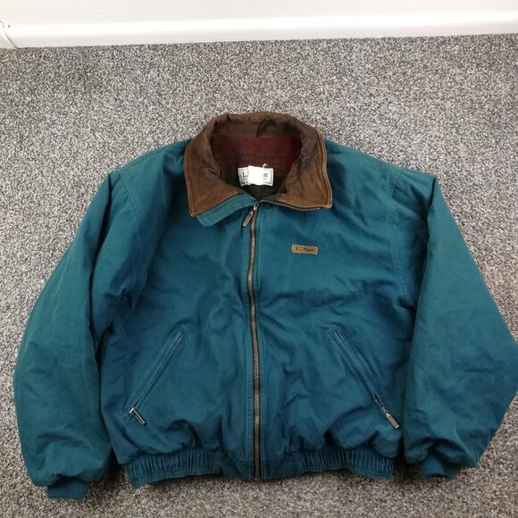 Vintage LL Bean Jacket Suede Collar Wool Blanket Lined Bomber Mens Large US Made